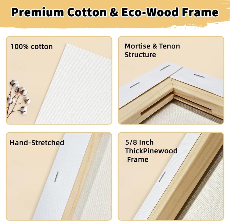 FROM ONE 10-Pack 8x10 Stretched Canvas – 100% Cotton with Cottonseed Husk, 5/8” Deep Wood Frame, Triple Primed Acid-Free White Canvas, Ideal for Acrylics, Oils, Gouache & Tempera (Beginners, Students) - Image 2